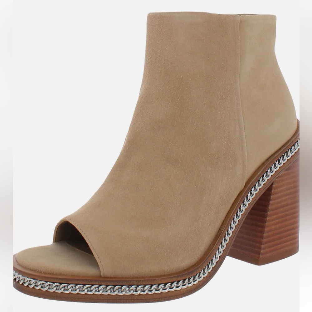Vince Camuto Bitnny Tan Suede Chain Peep Toe Ankle Heel Bootie women size 8.5